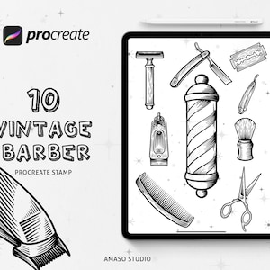 10 Vintage Barber Procreate Stamp, Brushes Barber Shop, Barber Illustration