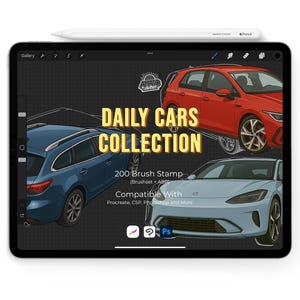 Può includere: Un tablet mostra una collezione digitale di auto, tra cui una berlina rossa, una station wagon blu e un'auto elettrica azzurra. Il testo recita "Daily Cars Collection", "200 Brush Stamp" e "Compatible With Procreate, CSP, Photoshop and More."