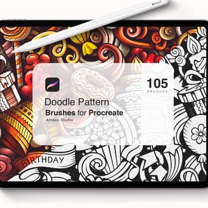 May include: A digital illustration of 105 doodle pattern brushes for Procreate, featuring a colorful and whimsical design with a birthday theme. The image shows a tablet screen with a stylus, showcasing the brushes in action.