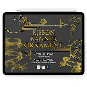 Ribbon Banner Procreate Stamps | 290+ Vintage Decorative Label Hand-Drawn | Tattoo Design Elements Photoshop Clip Studio Paint Affinity