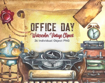 Vintage Office Watercolor Clipart High Resolution PNGs