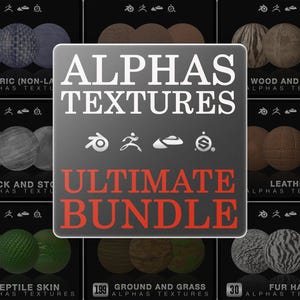 Peut inclure: Une image numérique présentant une collection de textures, notamment du tissu, du bois, du cuir et de la fourrure. Le centre de l'image affiche le texte "ALPHAS TEXTURES ULTIMATE BUNDLE" en blanc et rouge, avec des icônes. Les textures sont disposées en grille.