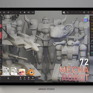 Puede incluir: Ilustración digital en una tableta con varios modelos 3D de robots mecha y una aeronave futurista. El texto "72 MECHA ROBOT" se muestra en una fuente degradada. La parte inferior de la pantalla muestra el texto "AMASO STUDIO".