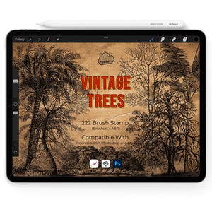 Könnte beinhalten: Ein digitales Tablet zeigt eine Illustration von Bäumen im Vintage-Stil mit dem Text "VINTAGE TREES". Der Bildschirm zeigt auch "222 Brush Stamp" und die Kompatibilität mit Procreate, CSP und Photoshop. Ein weißer Stift liegt oben auf dem Tablet.