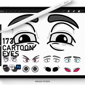May include: A digital drawing of 173 cartoon eyes in various styles. The eyes are drawn in black and white, with some having colour accents. The drawing is on a white background with a grid pattern. The text "173 CARTOON EYES" is written in black at the top of the drawing.