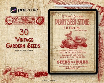 Vintage Garden Seeds Procreate Stamp, Garden and Seeds Illustrations for Procreate