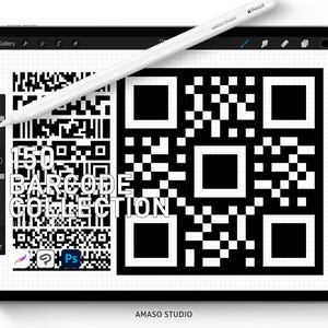 以下が含まれることがあります： タブレットの画面に150個のバーコードのデザインがデジタルで描かれている。画面には「150 BARCODE COLLECTION」というテキストが表示されている。白いApple Pencilが画面に置かれている