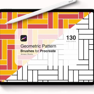 Op de afbeelding: Een digitale illustratie van een tabletscherm waarop een set van 130 geometrische patroonpenseels voor Procreate wordt weergegeven. De afbeelding toont een verscheidenheid aan geometrische patronen in zwart-wit en rood en geel.