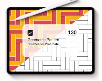 May include: A digital illustration of a tablet screen displaying a set of 130 geometric pattern brushes for Procreate. The image shows a variety of geometric patterns in black and white, and red and yellow.