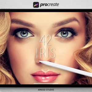 May include: A close-up of a woman's face with a white stylus on the screen. The text "42 IRIS" is visible on the screen. The image is from the Procreate app.