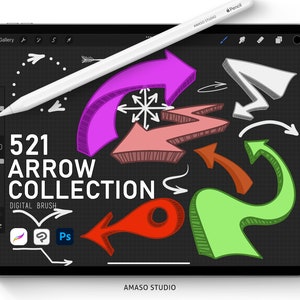 May include: A digital tablet screen displaying a collection of 521 hand-drawn arrows in various colors and styles. The text "521 ARROW COLLECTION DIGITAL BRUSH" is displayed on the screen. The screen also shows icons for Procreate, Adobe Photoshop, and Adobe Illustrator.