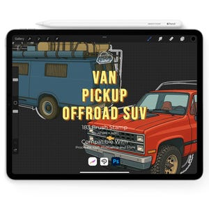 May include: A digital illustration on a tablet featuring a blue van and a red pickup truck. Text reads "VAN PICKUP OFFROAD SUV" and "183 Brush Stamp". A white stylus rests on the tablet's edge. Compatible with Procreate, Photoshop, and more.