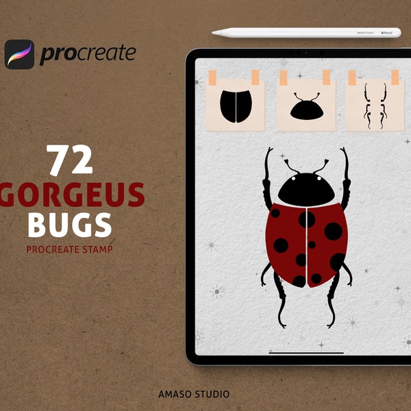 72 Gergous Bugs Procreate Stamp, Insect Illustration Vector
