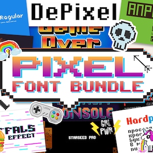Puede incluir: Un conjunto de paquetes de fuentes de píxeles para diseño gráfico. La imagen muestra una variedad de fuentes en diferentes estilos, incluyendo "Game Over", "Pixel", "Console", "Hardpixel" y "Fals Effect".