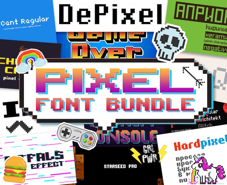 Puede incluir: Un conjunto de paquetes de fuentes de p&iacute;xeles para dise&ntilde;o gr&aacute;fico. La imagen muestra una variedad de fuentes en diferentes estilos, incluyendo "Game Over", "Pixel", "Console", "Hardpixel" y "Fals Effect".