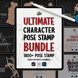 以下が含まれることがあります： タブレットに表示されたデジタルアートバンドルで、赤と白で「ULTIMATE CHARACTER POSE STAMP BUNDLE」というテキストが表示されています。1800以上のポーズスタンプが含まれており、アーティストや初心者に最適です。白いスタイラスがタブレットの上にあります。