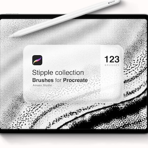 Könnte beinhalten: Ein weißes iPad mit einem schwarzen Bildschirm, auf dem ein digitales Pinselset für Procreate angezeigt wird. Der Bildschirm zeigt ein schwarz-weißes Stipple-Muster mit dem Text "Stipple collection Brushes for Procreate Amaso Studio 123 Brushes".