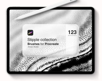 Könnte beinhalten: Ein weißes iPad mit einem schwarzen Bildschirm, auf dem ein digitales Pinselset für Procreate angezeigt wird. Der Bildschirm zeigt ein schwarz-weißes Stipple-Muster mit dem Text "Stipple collection Brushes for Procreate Amaso Studio 123 Brushes".