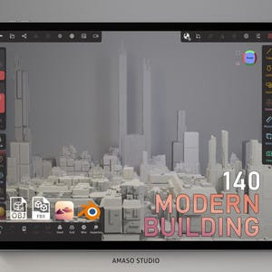 May include: A digital tablet displays a 3D model of a modern city skyline. The screen shows a cityscape with various building designs. The text "140 MODERN BUILDING" is displayed on the screen. The bottom of the screen shows file type icons.