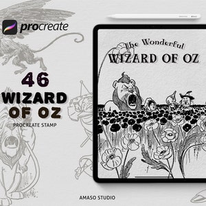 Könnte beinhalten: Eine Schwarzweißillustration einer Szene aus "Der Zauberer von Oz" mit dem Feigen Löwen, Dorothy, dem Blechmann und dem Vogelscheuche. Die Figuren stehen auf einem Feld mit Mohnblumen. Der Text "The Wonderful Wizard of Oz" befindet sich oben im Bild.