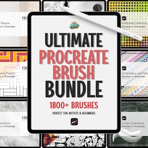 Może przedstawiać: iPad z napisem "ULTIMATE PROCREATE BRUSH BUNDLE" z "1800+ BRUSHES" i "PERFECT FOR ARTISTS & BEGINNERS". Mniejsze ekrany prezentują różne kolekcje pędzli do Procreate.