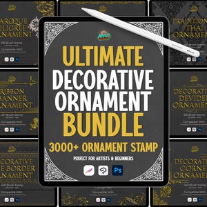 Op de afbeelding: Een Ultimate Decorative Ornament Bundle wordt weergegeven op een tablet, met een witte stylus. De bundel bevat meer dan 3000 ornamentstempels, met verschillende stijlen zoals Barok, Thais en lijnranden. De tekst luidt "Perfect for Artists & Beginners".
