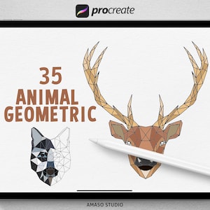 May include: A digital illustration of a geometric deer head with antlers, and a geometric wolf head. The text "35 ANIMAL GEOMETRIC" is displayed above the images. The text "AMASO STUDIO" is displayed below the images.