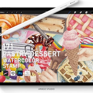 Pinceles para estampar acuarelas para repostería, postres y dulces: 171 diseños deliciosos para Procreate, Photoshop ABR y Clip Studio Paint