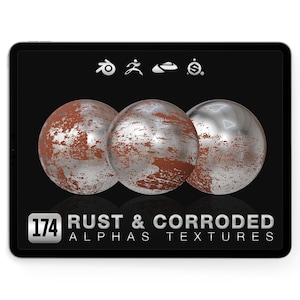Peut inclure: Un écran numérique affiche trois sphères métalliques avec des textures de rouille et de corrosion. Les sphères sont argentées et marron, avec le texte "174 RUST & CORRODED ALPHAS TEXTURES" en bas. Le fond est noir.