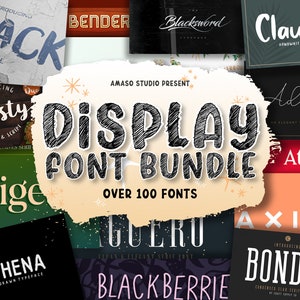 Könnte beinhalten: Eine Collage aus bunten Schriftarten mit dem Text "DISPLAY FONT BUNDLE" in großen, schwarzen, handgeschriebenen Buchstaben. Der Text "OVER 100 FONTS" ist ebenfalls im Bild enthalten.