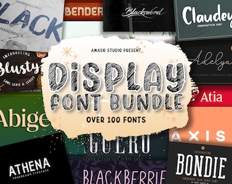May include: A collage of colorful font designs with the text "DISPLAY FONT BUNDLE" in large, black, handwritten letters. The text "OVER 100 FONTS" is also included in the image.