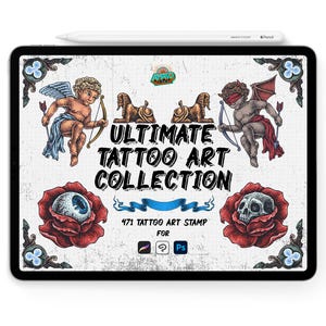 May include: A digital tablet displays a tattoo art collection. The design includes cherubs with bows and arrows, sphinxes, roses, and skulls. The text reads "ULTIMATE TATTOO ART COLLECTION" and "471 TATTOO ART STAMP FOR". A stylus rests on top.