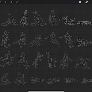 May include: A digital illustration of 36 different poses of two people in various positions. The illustrations are in black and white and are drawn on a grid background.
