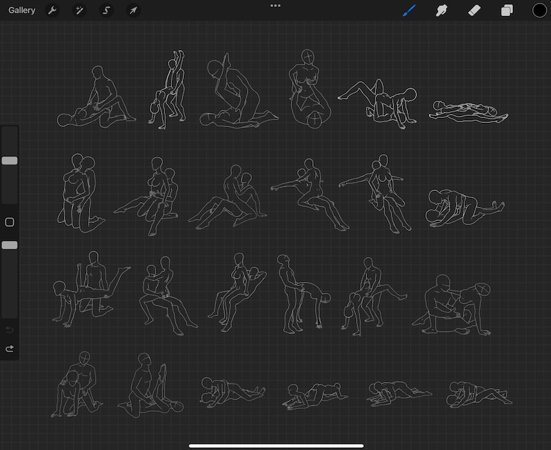 May include: A digital illustration of 36 different poses of two people in various positions. The illustrations are in black and white and are drawn on a grid background.
