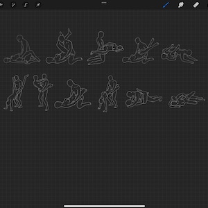 May include: A digital drawing of 12 different poses of two people in a romantic embrace. The drawing is in white on a black grid background.