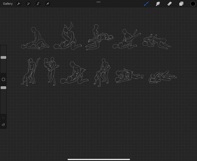 May include: A digital drawing of 12 different poses of two people in a romantic embrace. The drawing is in white on a black grid background.