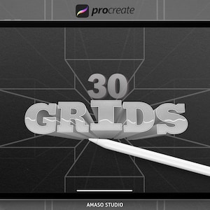 Könnte beinhalten: Ein Schwarzweißbild eines digitalen Tablet-Bildschirms, auf dem ein Rastermuster mit dem Text "30 GRIDS" in einer stilisierten Schriftart angezeigt wird. Der Text ist in 3D-Optik mit einem weißen Umriss und einer hellgrauen Füllung. Ein weißer Stift liegt auf dem Bildschirm.