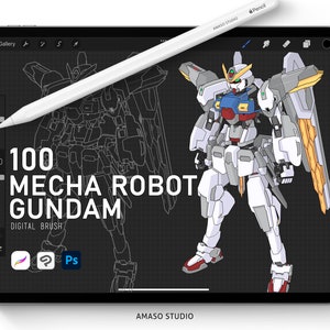 May include: A digital illustration of a white, red, blue, and yellow robot on a black and white grid background. The text "100 MECHA ROBOT GUNDAM" is in white text on a black background. The text "DIGITAL BRUSH" is in white text on a black background. The text "AMASO STUDIO" is in white text on a black background.