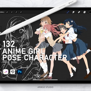 Puede incluir: Ilustración digital de cuatro chicas de anime con uniformes escolares posando sobre un fondo de cuadrícula. La imagen se titula "132 Anime Girl Pose Character" e incluye el texto "Digital Brush".