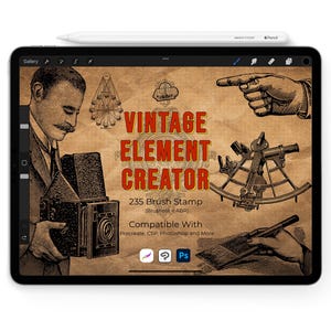 May include: A digital art product on a tablet, showcasing vintage illustrations and the text "VINTAGE ELEMENT CREATOR". Includes a stylus and icons for Procreate and Photoshop. The product offers 235 brush stamps.