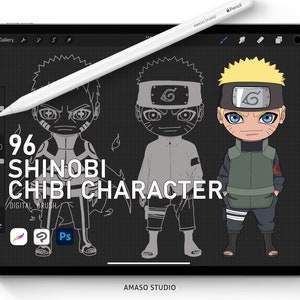 May include: Digital illustration of three chibi characters on a black and white grid background. The characters are drawn in a cartoon style and have large heads and small bodies. The characters are wearing different outfits, including a black and red outfit, a grey outfit, and a green and black outfit. The text "96 SHINOBI CHIBI CHARACTER" is written in white on the black background.