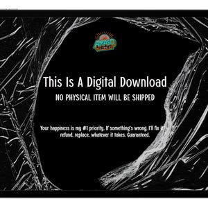 May include: A digital tablet screen displaying a black background framed by a crinkled, transparent plastic texture. The text reads: This Is A Digital Download, NO PHYSICAL ITEM WILL BE SHIPPED, and Your happiness is my #1 priority. Amaso Studio logo.