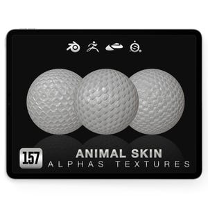 May include: Three textured, white spheres are displayed on a black background, with their reflections visible below. The spheres are arranged in a row. The text "ANIMAL SKIN ALPHAS TEXTURES" is below the spheres, with the number "157" in a white box on the left.