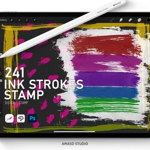 May include: A digital illustration of 241 ink strokes in a colorful abstract design. The design features red, purple, blue, and green brush strokes. The text "241 INK STROKES STAMP DIGITAL STAMP" is displayed on the image. The image is displayed on a tablet screen with a stylus.