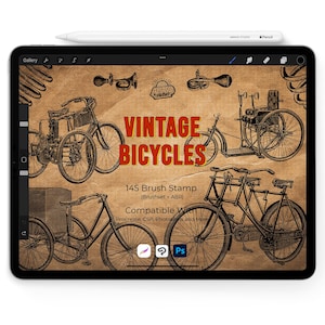 May include: A digital illustration on a tablet featuring vintage bicycle designs. The text "VINTAGE BICYCLES" is displayed in red. The tablet is accompanied by a white stylus. The image also includes the text "145 Brush Stamp".