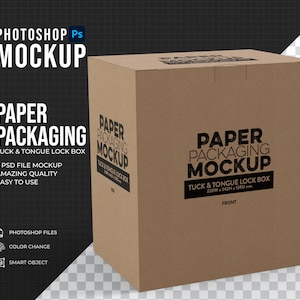 Maqueta de caja de bloqueo de lengüeta y pliegue de embalaje de papel, maqueta de Photoshop súper fácil de editar