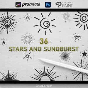 Star and Sunbrurst Brushes Stamp fo Procreate, Photoshop and Clip Studio Paint