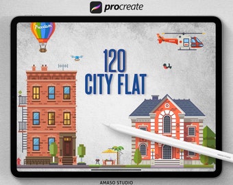 120 City Flat Procreate Stamps, Vector Illustrations (Digital Download)
