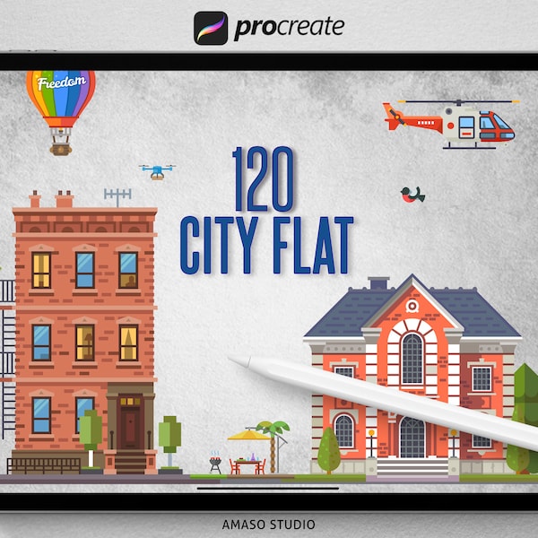 City Flat Procreate Stamp, City Flat Vector Illustration For Procreate