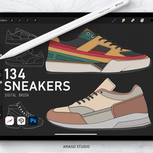 May include: A digital illustration of 134 sneakers on a black and white grid background. The illustration is on a tablet screen with a digital pen and a "Gallery" tab visible. The text "134 Sneakers Digital Brush" is also visible on the screen.
